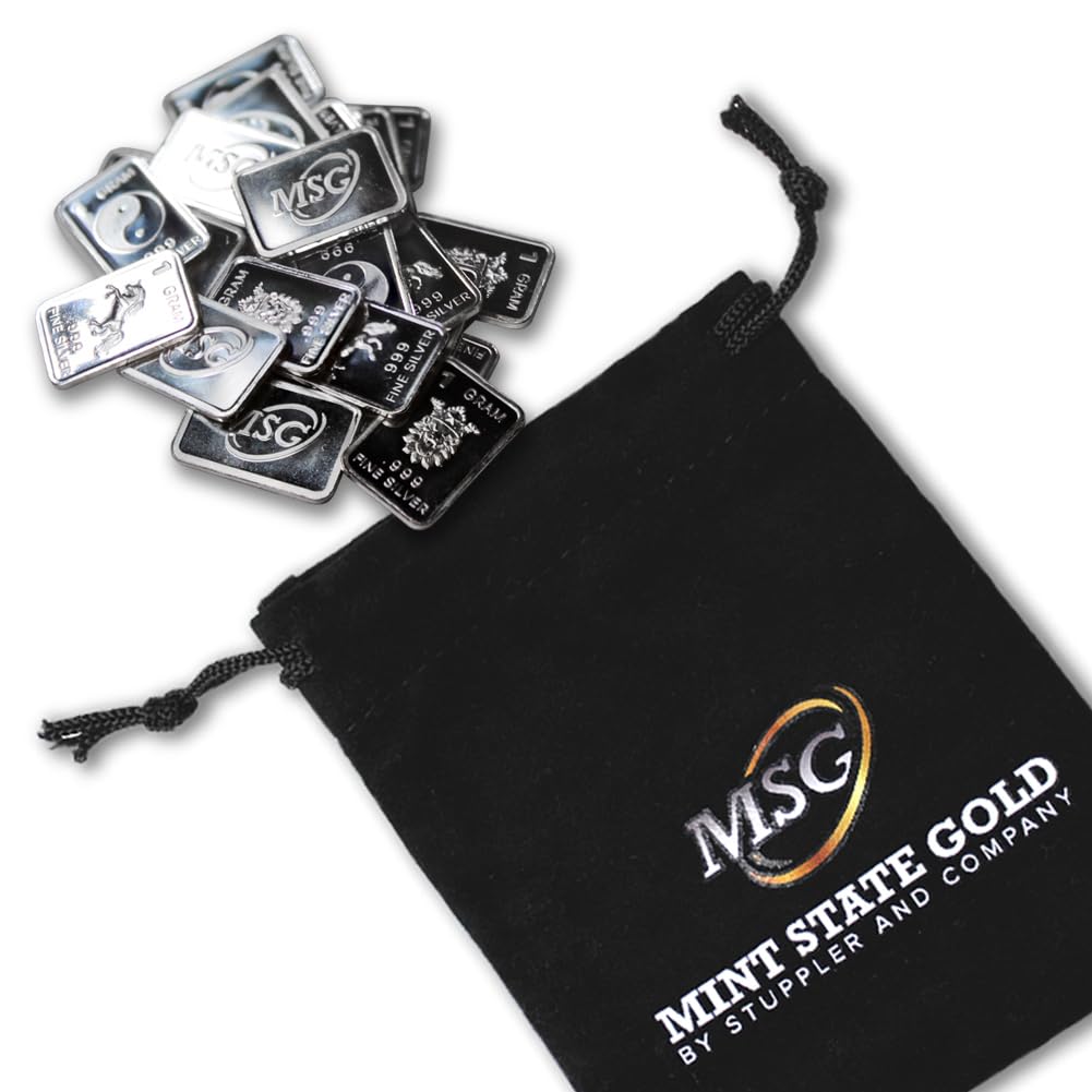 Ten (10) One Gram .999 Pure Silver Bars with Random Designs in a Jewelry Pouch by Mint State Gold