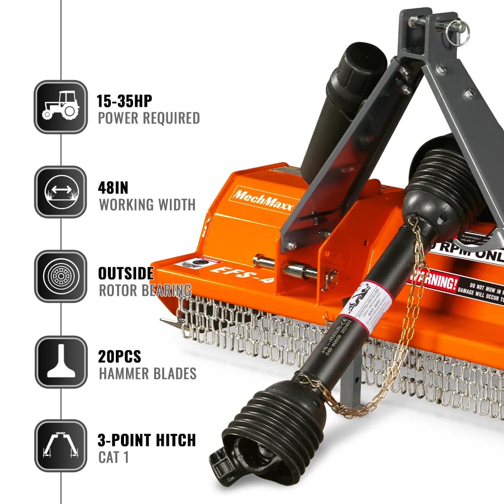 MechMaxx 60'' inch PTO Powered 3 Point Standard Duty Flail Mower for 15-35hp Tractor, NOT Suitable for Quick Hitch, Model EFS60 Orange
