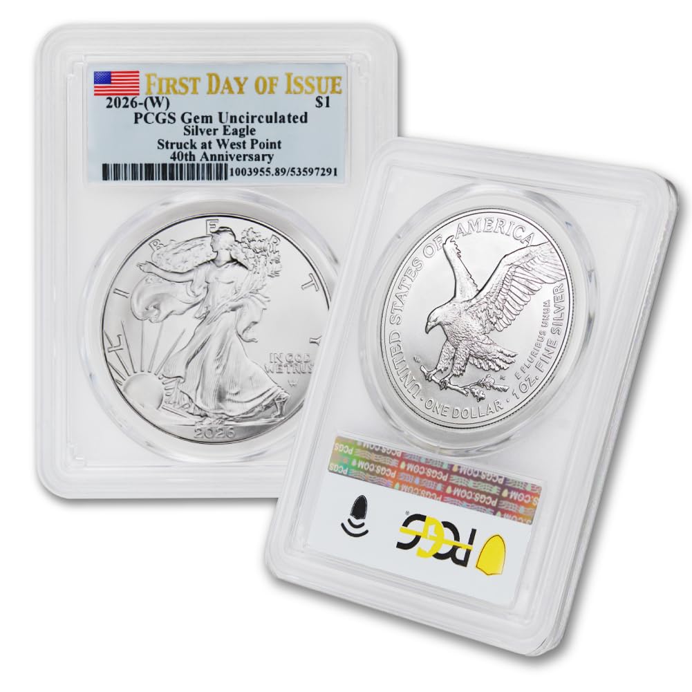 2026 (W) 1 oz American Silver Eagle Coin Gem Uncirculated (First Day of Issue - 40th Anniversary - Struck at West Point - Flag Label) $1 PCGS GEMUNC
