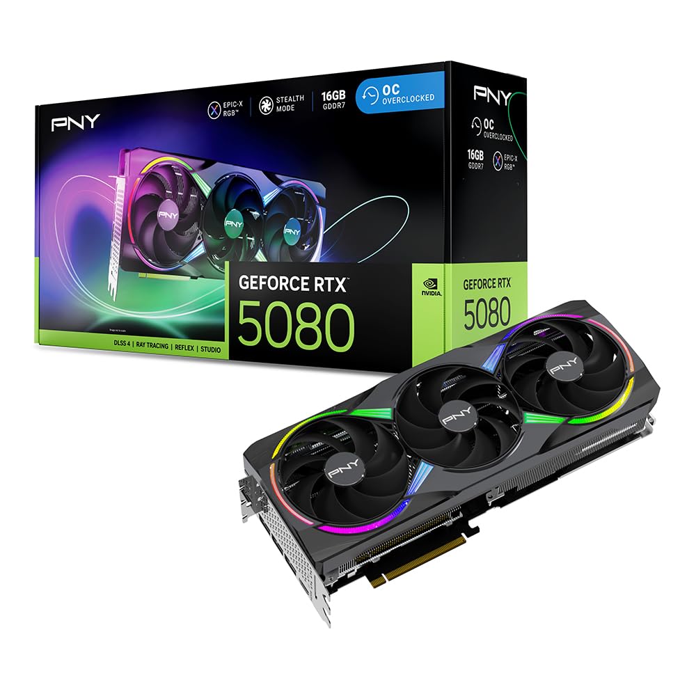PNY NVIDIA GeForce RTX™ 5080 OC Triple Fan, Graphics Card (16GB GDDR7, 256-bit, Boost Speed: 2730 MHz, PCIe® 5.0, HDMI®/DP 2.1, 2.99-Slot, NVIDIA Blackwell Architecture, DLSS 4)