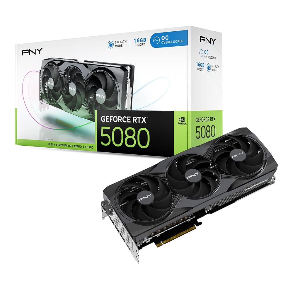 PNY NVIDIA GeForce RTX™ 5080 OC Triple Fan, Graphics Card (16GB GDDR7, 256-bit, Boost Speed: 2730 MHz, PCIe® 5.0, HDMI®/DP 2.1, 2.99-Slot, NVIDIA Blackwell Architecture, DLSS 4)