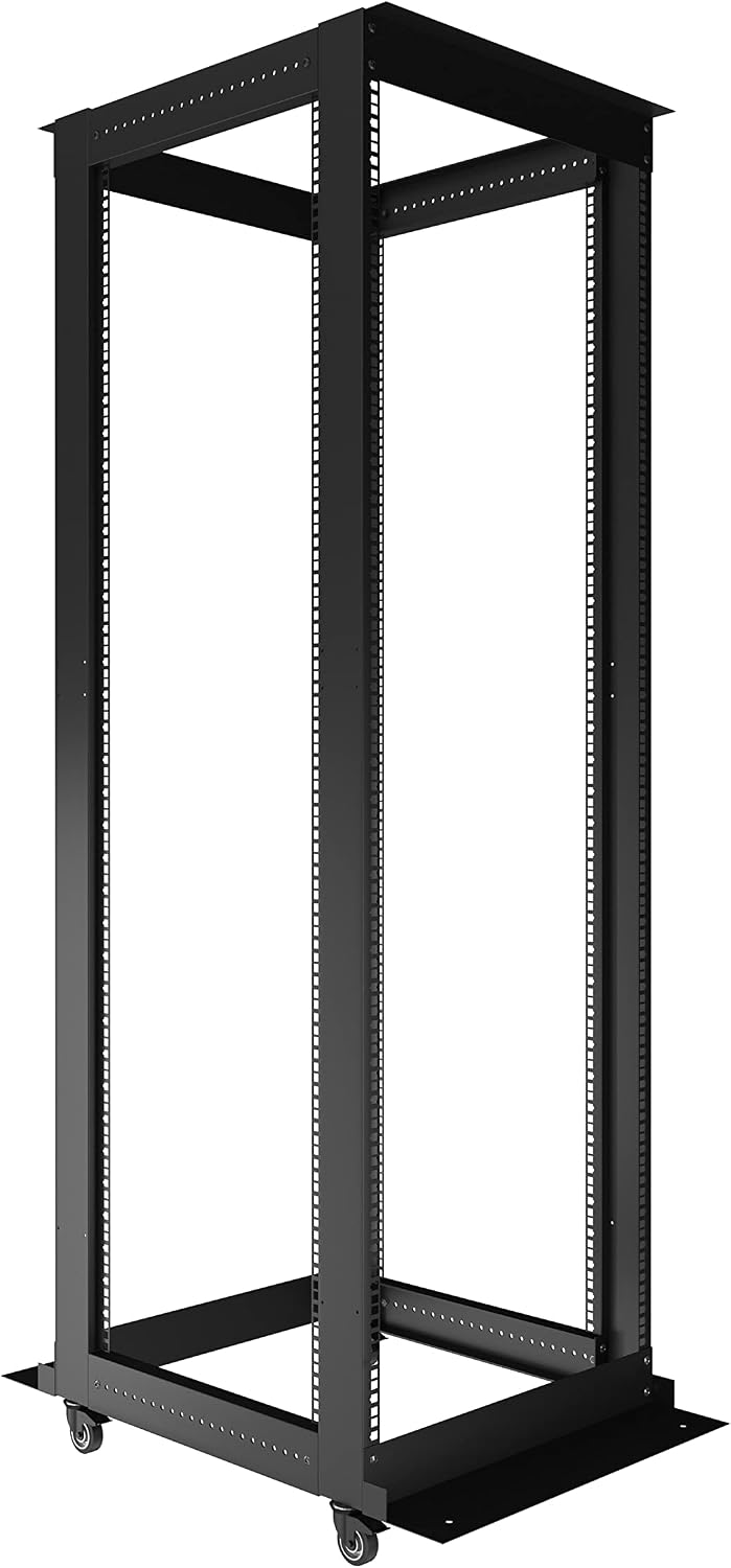 Sysracks 42U Open Frame Rack, Adjustable 24-37", 19-Inch EIA-310 | 4-post steel frame, square mounting holes, casters, cage nuts and screws