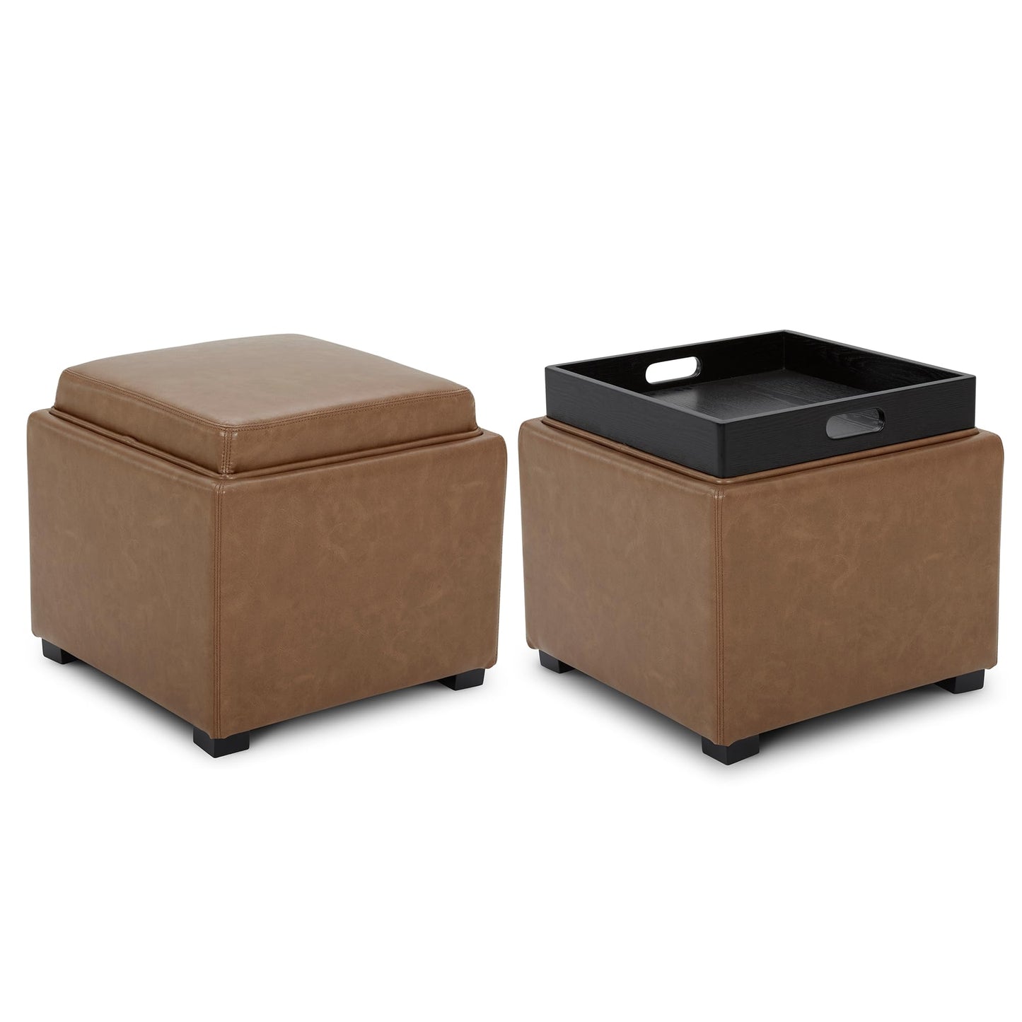 CHITA Storage Ottoman Cube with Tray Lid, Small Footstool with Storage, Square End Table for Living Room and Bedroom, Faux Leather in Saddle Brown