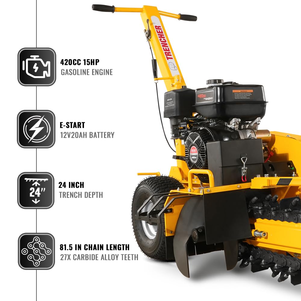 MechMaxx 420cc 15HP E-Start Gas Powered Cable Ditching Trencher, 24'' Trench Depth, 27pcs Carbide Alloy High-Pressure Teeths, TCR1500 (Yellow)