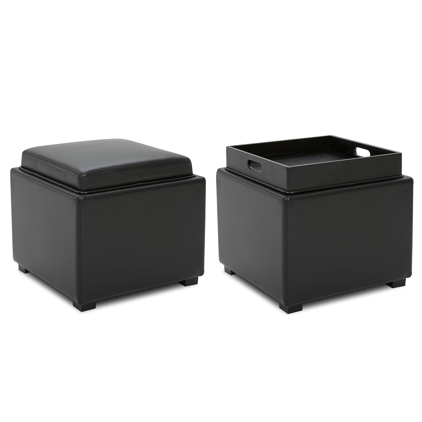 CHITA Storage Ottoman Cube with Tray Lid, Small Footstool with Storage, Square End Table for Living Room and Bedroom, Faux Leather in Saddle Brown