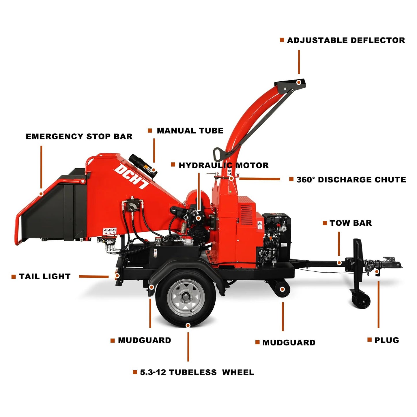 MechMaxx 6 inch ZONSEN 459cc 15hp E-Start Gas Powered 4-Wheels Wood Chipper Shredder Mulcher with Towbar/Tail Light/Emergency Stop Button/Stop Bar, Model B150 Red