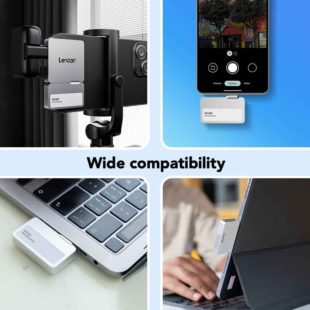 Lexar 1TB Professional Go Portable SSD w/Hub, Supports Apple 4K 60fps ProRes, Up to 1050MB/s, USB 3.2, Rugged, IP65, Ultracompact, Compatible w/iPhone 15/16 (Not 17), External SSD (LSL400S001T-RNSNU)