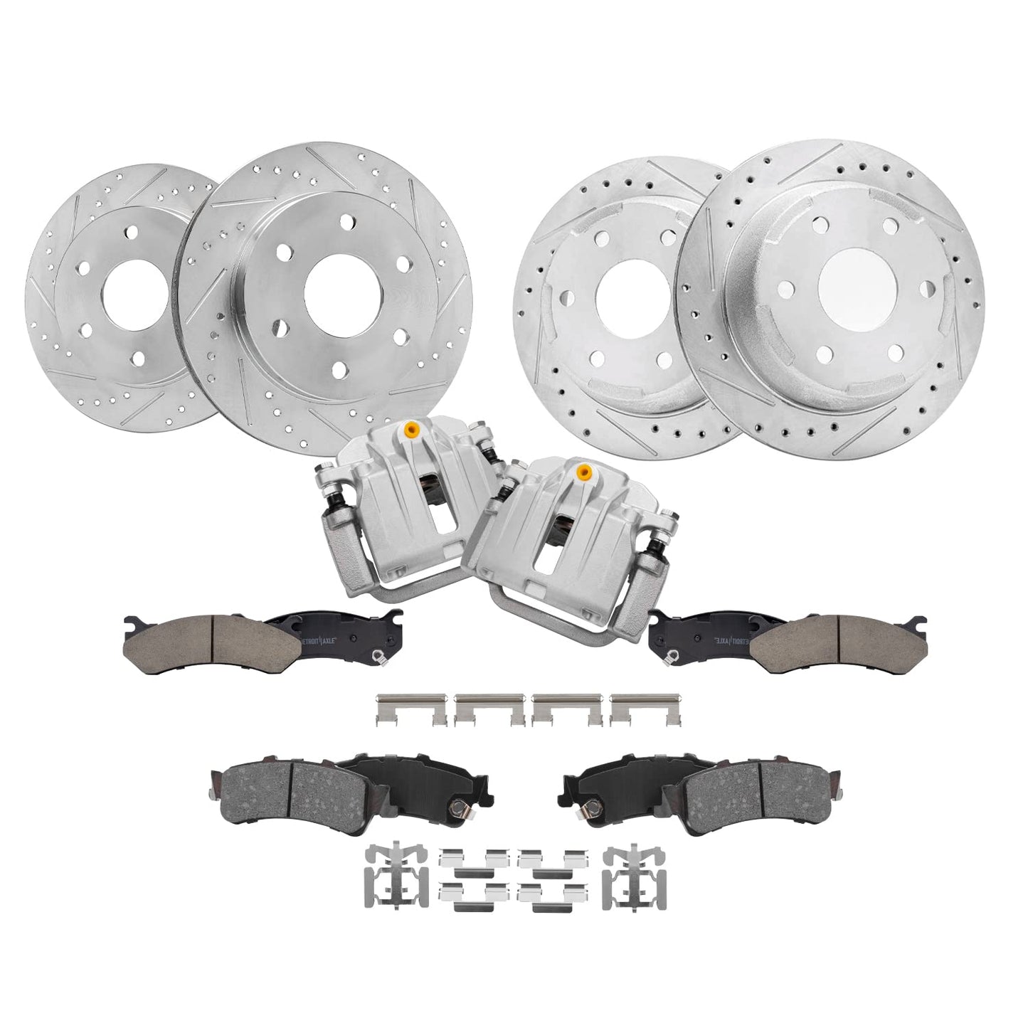Detroit Axle - Brake Kit for Chevy GMC Silverado Sierra 1500 Tahoe Yukon XL Suburban Escalade ESV Drilled Disc Rotors Ceramic Brakes Pads Replacement : 12.99" Front & 13.58" Rear Rotor