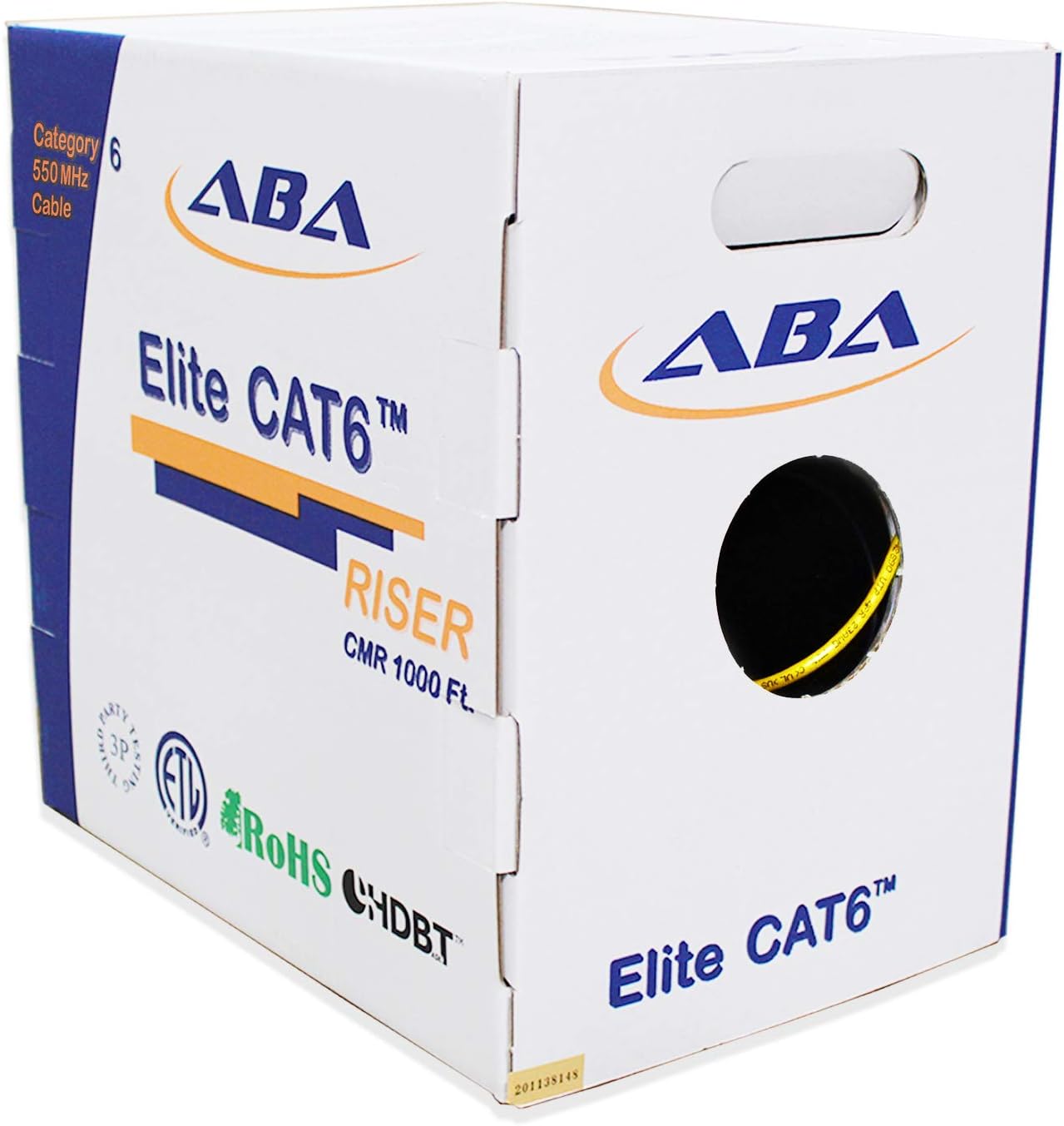 Cat6 Riser (CMR), Ethernet Cable 1000ft, Yellow, No Spline, Unshielded Twisted Pair (UTP) 23AWG, Solid Pure Bare Copper, 550MHz, UL Certified, Easy to Pull (Reelex II) Box, Bulk Networking LAN Cable