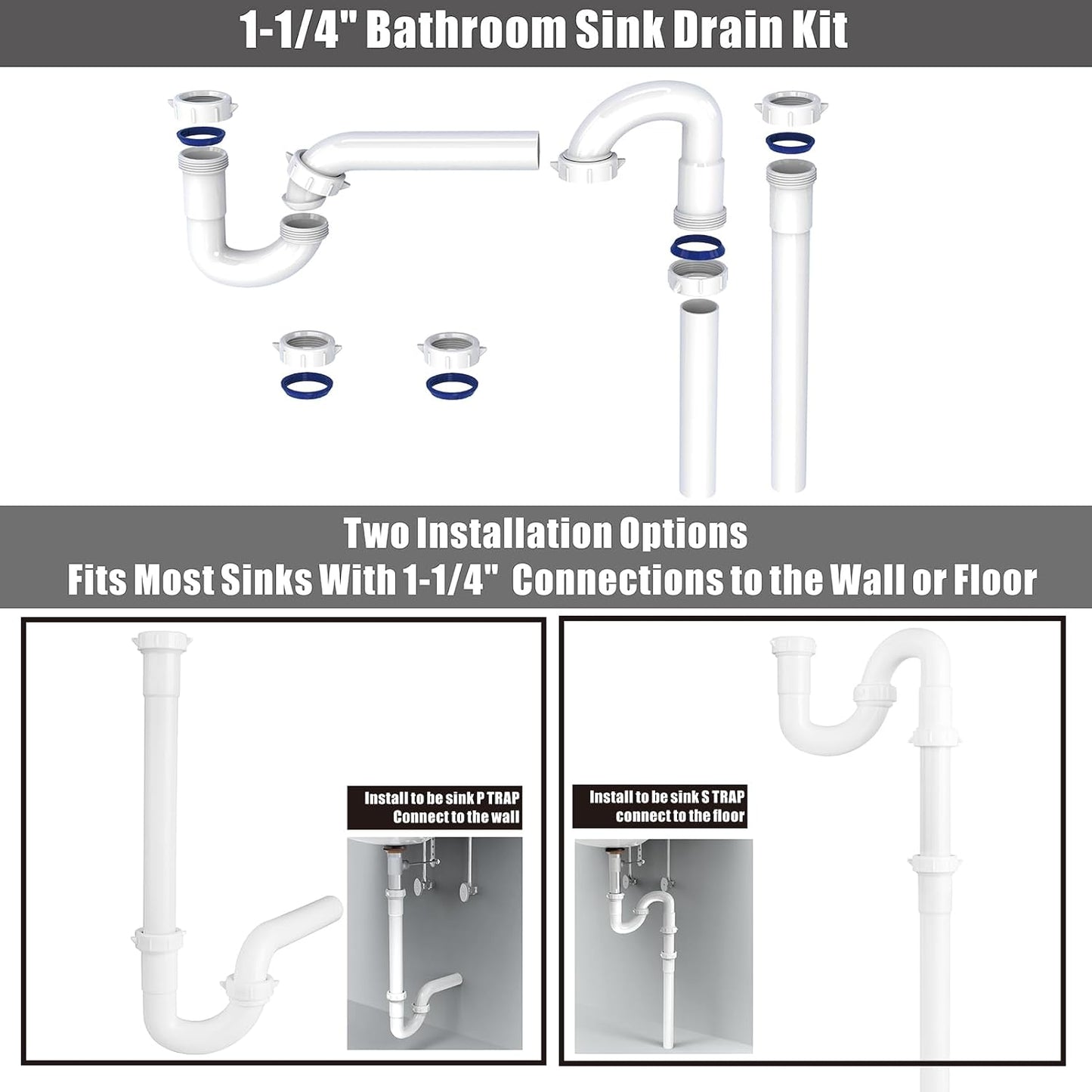 Bathroom Sink Drain Kit, for Most 1-1/4” Kitchen or Bathroom Sinks Drain Repair,1-1/4” P Trap or S Trap Plumbing Sink Repair Kit
