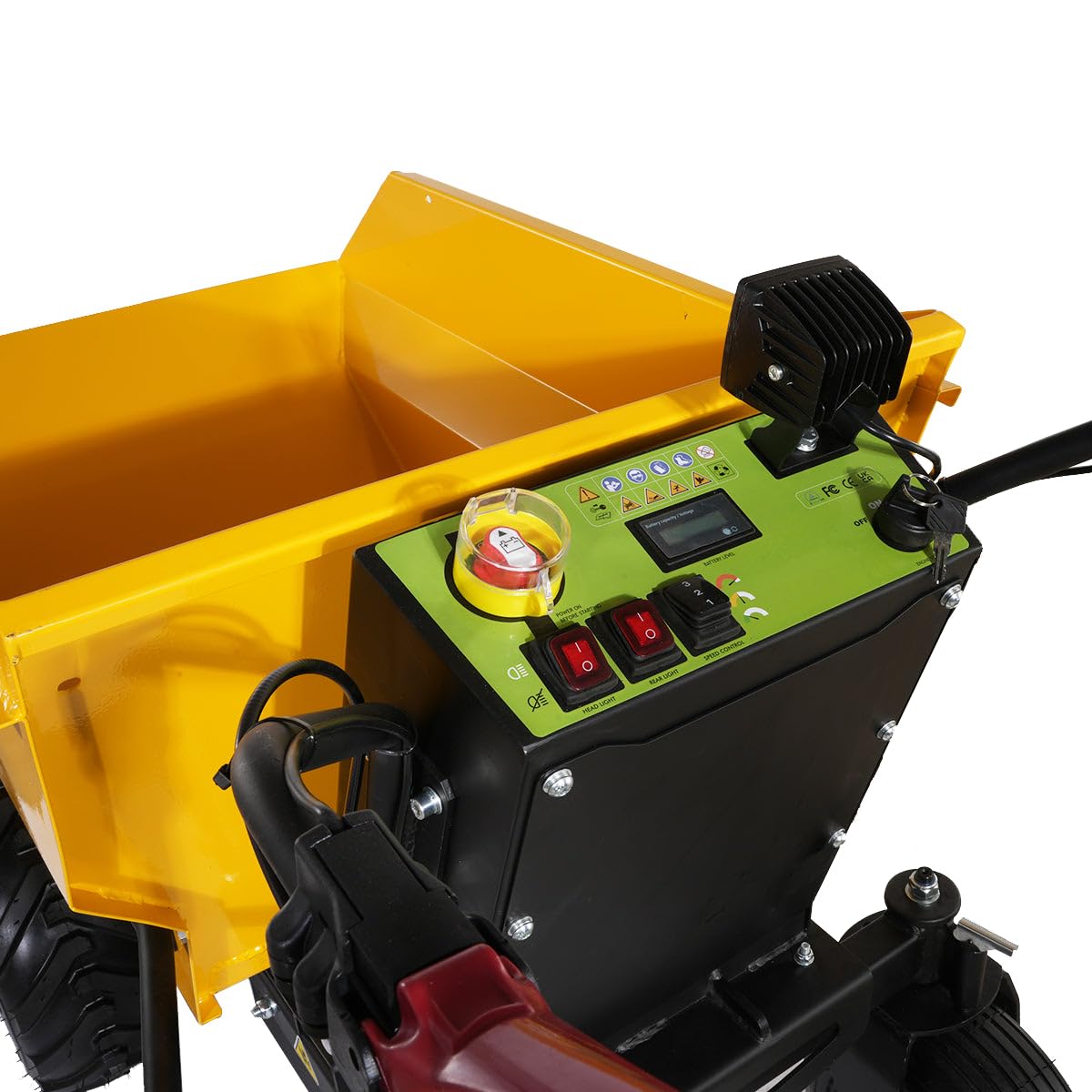 MechMaxx 1100Lb Loading 48V Battery Powered Wheel Barrow Electric Dumper Cart with 30W Light, Hydraulic Tipping, 1000W Brushless DC Motor, LED Display Screen, Model EH50 Yellow