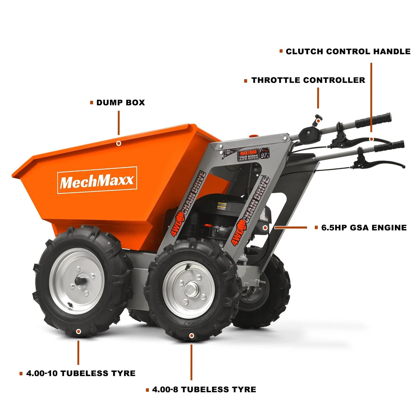 MechMaxx 1100Lb Loading 48V Battery Powered Wheel Barrow Electric Dumper Cart with 30W Light, Hydraulic Tipping, 1000W Brushless DC Motor, LED Display Screen, Model EH50 Yellow