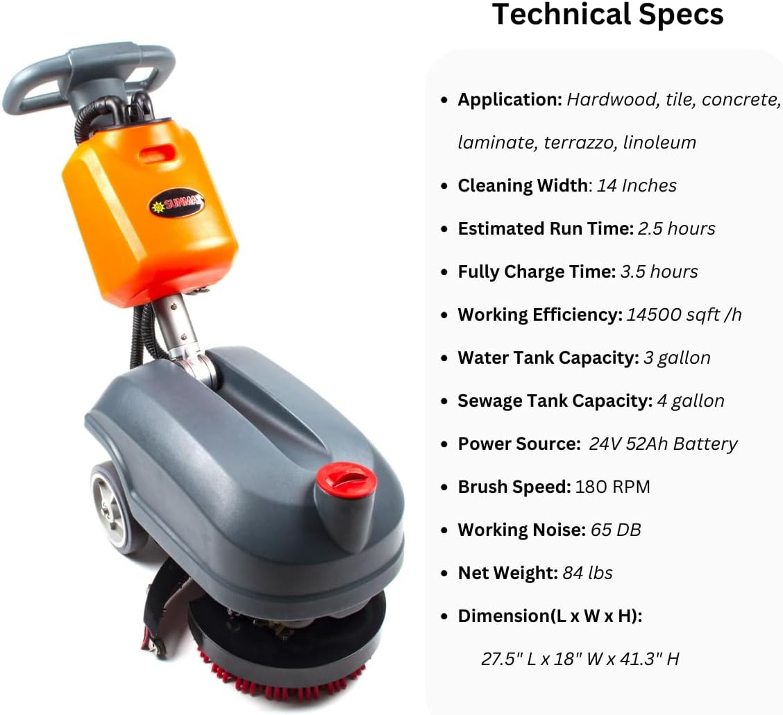 14" Commercial Compact Floor Scrubber Dryer Machine, 14500 sqft/h, 4-Gal Sewage Tank, 3.5 Hour Fast Charging Efficient Cleaning for Hard Floors | RT15+