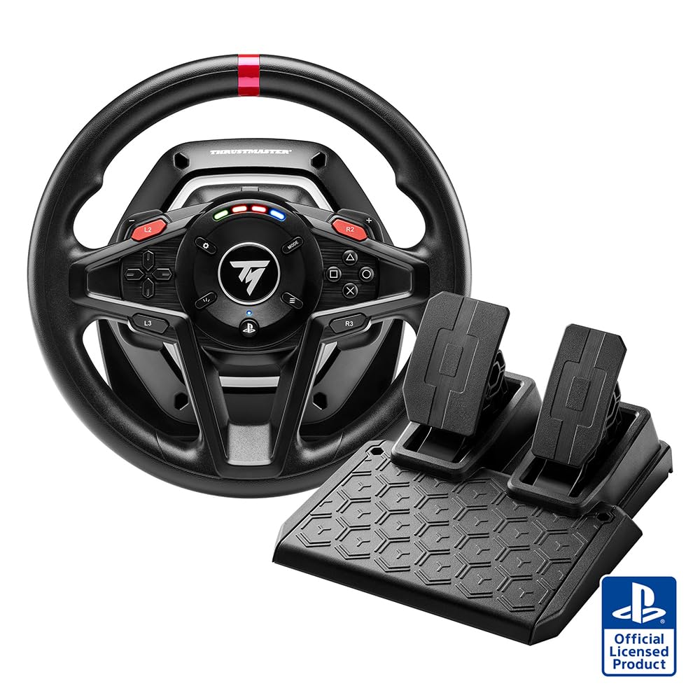 Thrustmaster T128 P Force Feedback Racing Wheel & Pedal Set - PS5 & PC | Magnetic paddle shifters, 900-degree rotation, hybrid drive, quick-attach desk clamp, for sim driving, farming & truck games