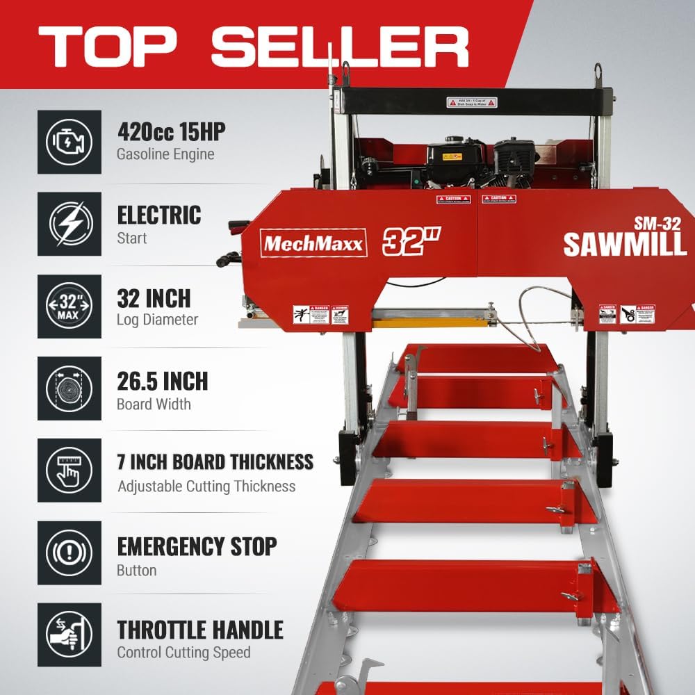 MechMaxx 32" Portable Sawmill, 20' Track Length, 26.5" Board Width, SM-32