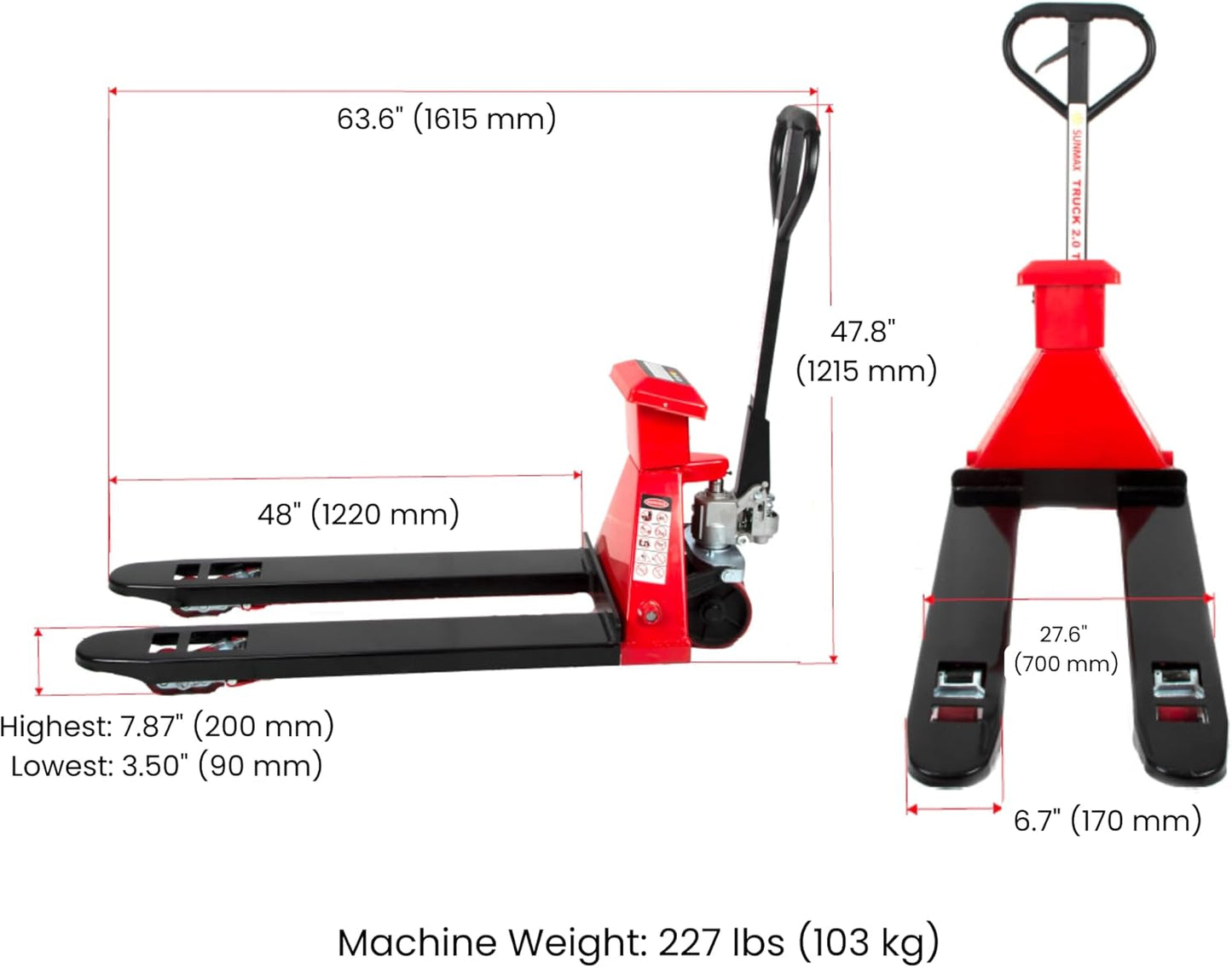 SUNMAX HD4400W Pallet Jack with Built-in Digital Scale, 4,400 lb Capacity, 27" W x 48" L Forks Manual Pallet Truck for Warehouse and Retail