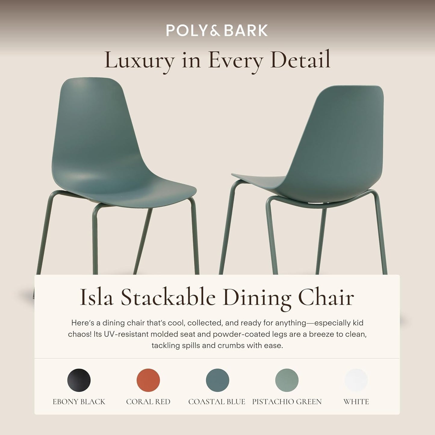 POLY & BARK Isla Modern Dining Chairs Set of 4 – Mid Century Modern Plastic Dining Chair with Metal Legs – Kitchen & Dining Room Chairs – Indoor/Outdoor – White
