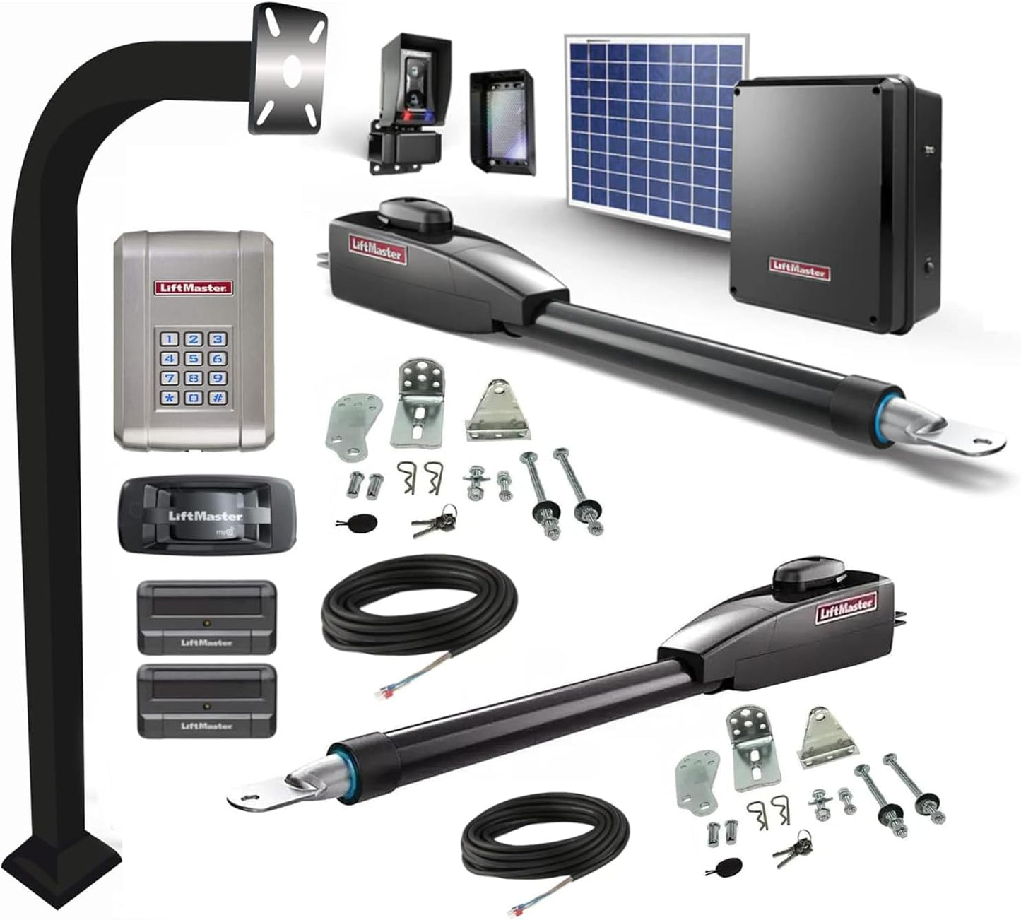 LA412PKGUL Solar-Powered Dual Swing Gate Operator Kit Includes Primary, Secondary Arms, Control Box, 10W Solar, Batteries, LMRRUL, 811LM, KPW250, 828LM, 42" Aluminum Pedestal L.A. Ornamental