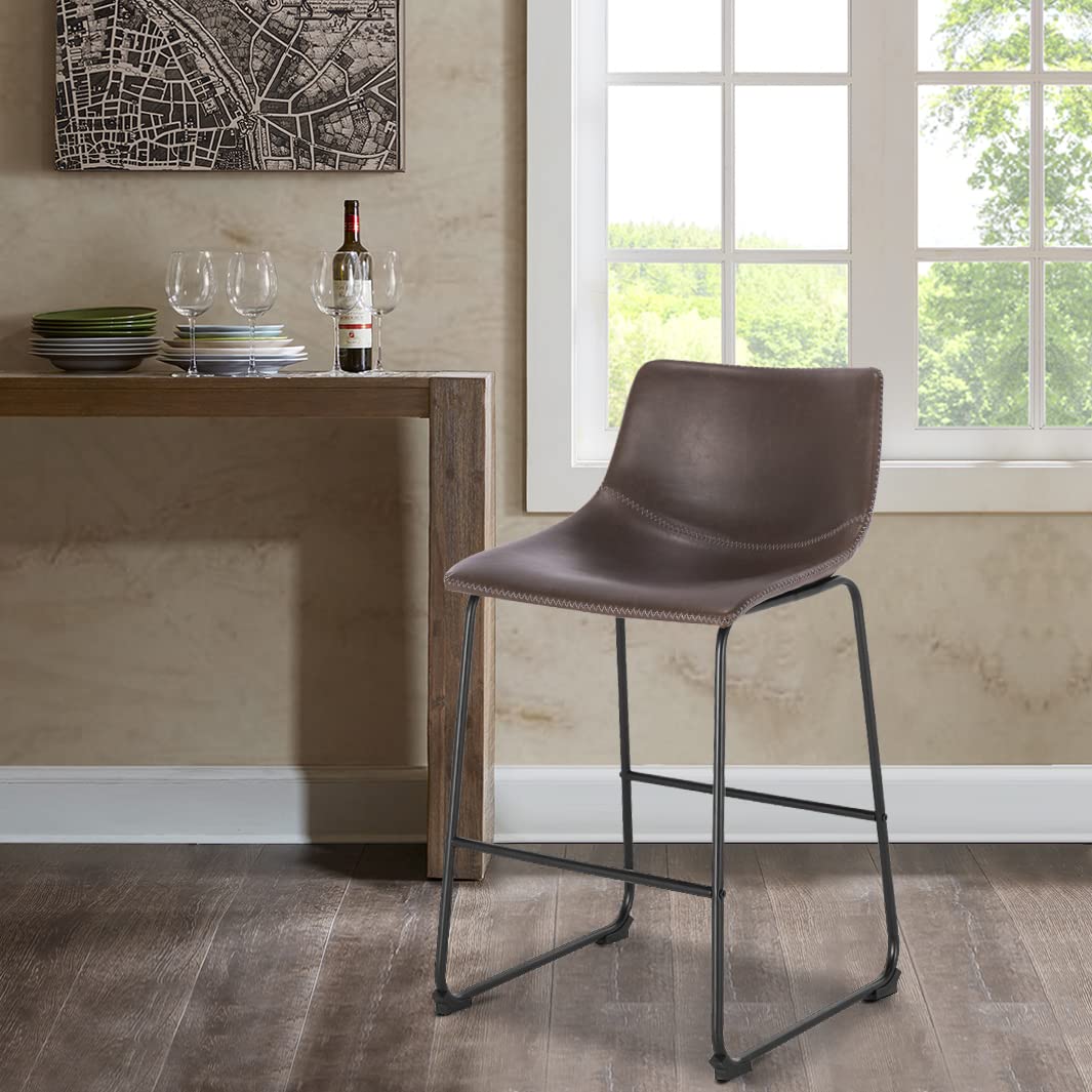 POLY & BARK Brinley Counter Stool Set of 3, Modern Armless Counter-Height Stools with Gently Curved Backrest and Wood Legs, Tan Faux Leather, for Kitchen Island or Breakfast Bar, 24" seat height