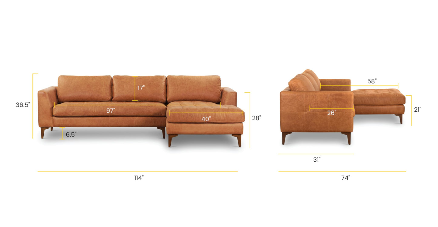 Poly & BARK Harper Left-Facing Leather Sleeper Sectional Sofa Cognac Tan– Full-Grain Aniline Leather, Sculptural Silhouette, Walnut-Finished Legs – Modern Statement Sofa for Living Spaces