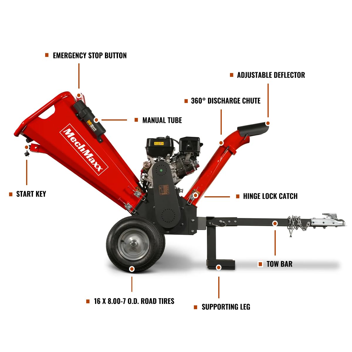 MechMaxx 6 inch ZONSEN 459cc 15hp E-Start Gas Powered 4-Wheels Wood Chipper Shredder Mulcher with Towbar/Tail Light/Emergency Stop Button/Stop Bar, Model B150 Red