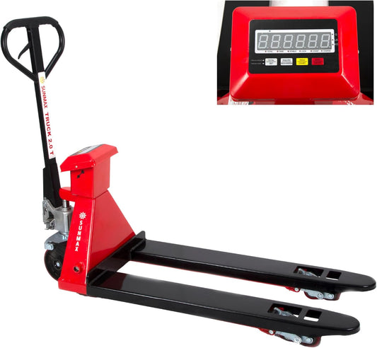 SUNMAX HD4400W Pallet Jack with Built-in Digital Scale, 4,400 lb Capacity, 27" W x 48" L Forks Manual Pallet Truck for Warehouse and Retail