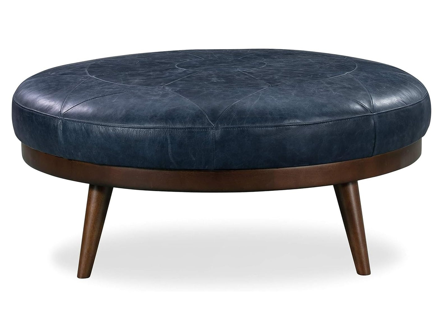 POLY & BARK Denver Ottoman – 43" Large Pouf with Feather-Down Topper – Full-Grain Leather Upholstered Pouf Ottoman for Living Room – Vintage Italian Leather in Cognac Tan