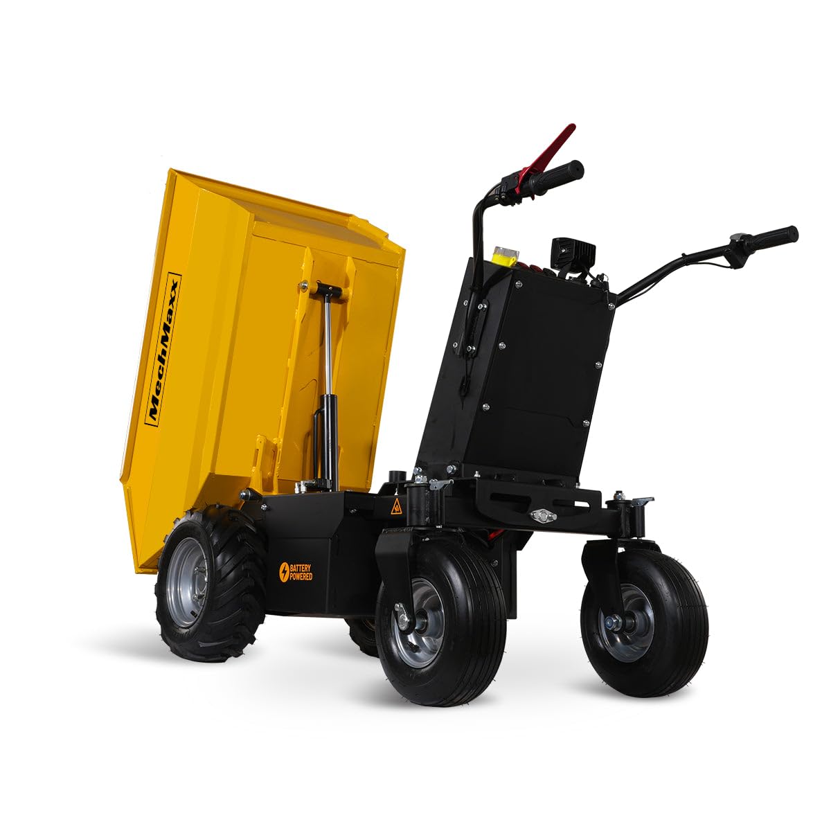 MechMaxx 1100Lb Loading 48V Battery Powered Wheel Barrow Electric Dumper Cart with 30W Light, Hydraulic Tipping, 1000W Brushless DC Motor, LED Display Screen, Model EH50 Yellow
