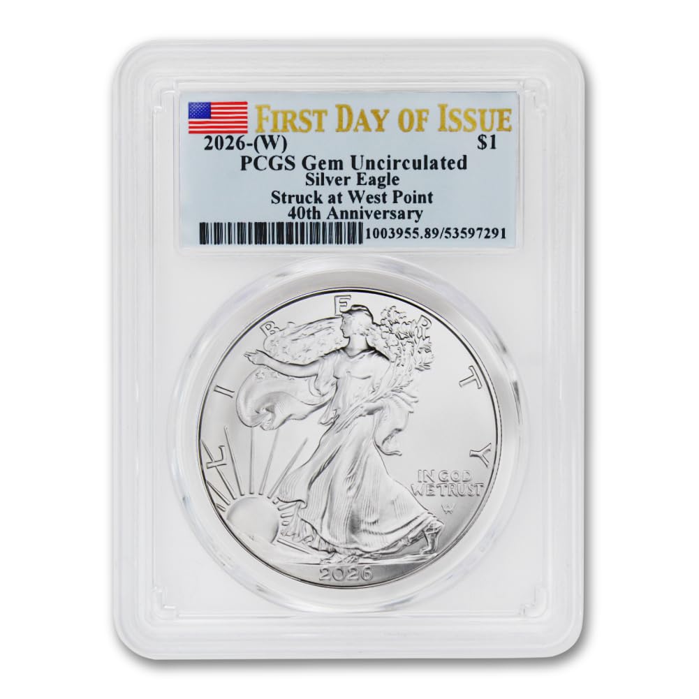 2026 (W) 1 oz American Silver Eagle Coin Gem Uncirculated (First Day of Issue - 40th Anniversary - Struck at West Point - Flag Label) $1 PCGS GEMUNC