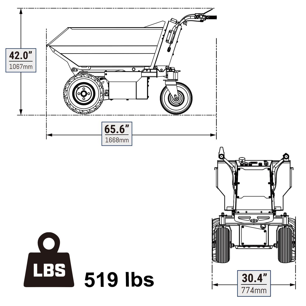 MechMaxx 1100Lb Loading 48V Battery Powered Wheel Barrow Electric Dumper Cart with 30W Light, Hydraulic Tipping, 1000W Brushless DC Motor, LED Display Screen, Model EH50 Yellow