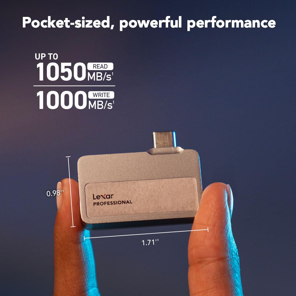 Lexar 1TB Professional Go Portable SSD w/Hub, Supports Apple 4K 60fps ProRes, Up to 1050MB/s, USB 3.2, Rugged, IP65, Ultracompact, Compatible w/iPhone 15/16 (Not 17), External SSD (LSL400S001T-RNSNU)