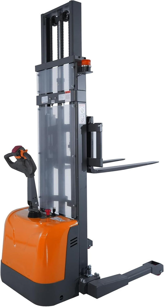 Tory Carrier Full Electric Pallet Stacker 3300 lb. Cap. 98'' Lift Height Walkie Forklift with Adjustable Forks and Legs, Material Lift, Maintenance Free Gel Battery, Compact Size Pallet Truck Dolly