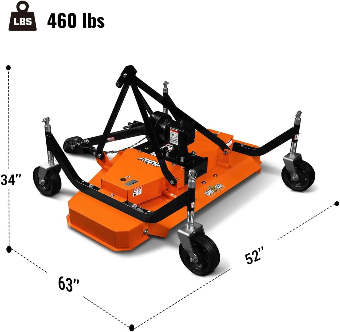 3 Point PTO 60'' Working Width Finish Mower Attachment for 18-50hp Tractor, Category 1 Hitch, 4-Tires, 0.4'' - 4.5'' Adjustable Cutting Height, Model FM150