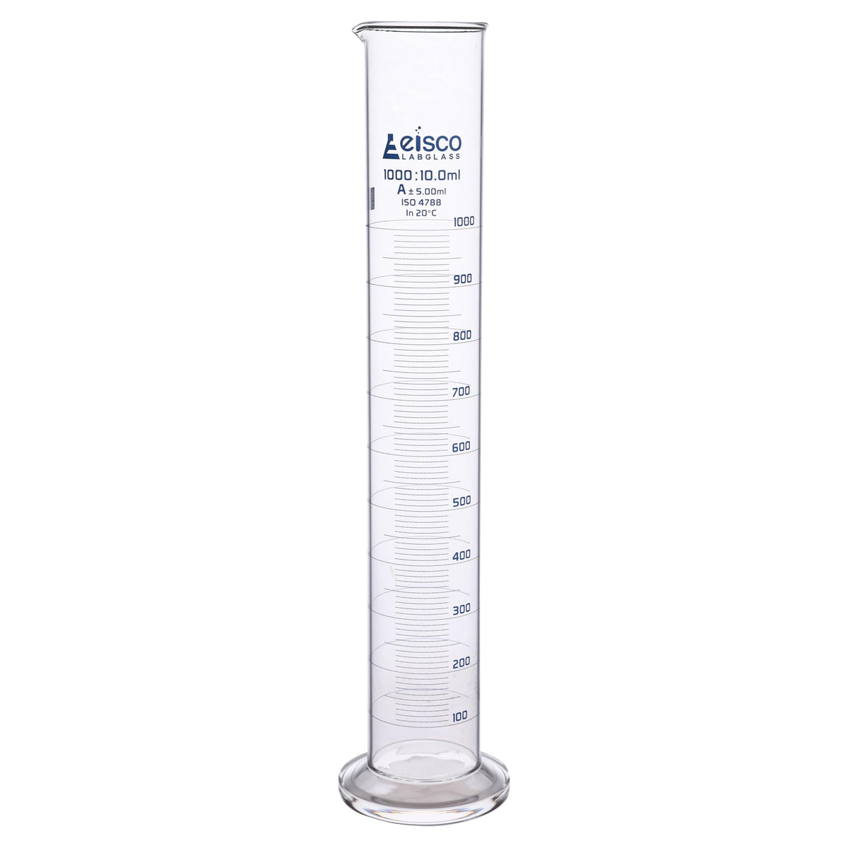 Graduated Cylinder, 100ml - Class A Tolerance ±0.50ml - Round Base - Blue Graduations - Borosilicate 3.3 Glass - Eisco Labs