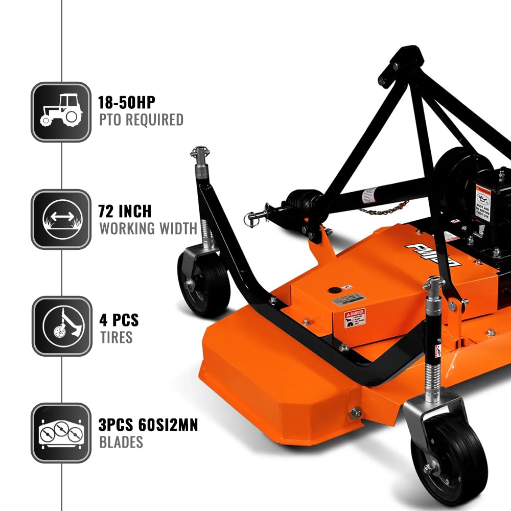 3 Point PTO 60'' Working Width Finish Mower Attachment for 18-50hp Tractor, Category 1 Hitch, 4-Tires, 0.4'' - 4.5'' Adjustable Cutting Height, Model FM150