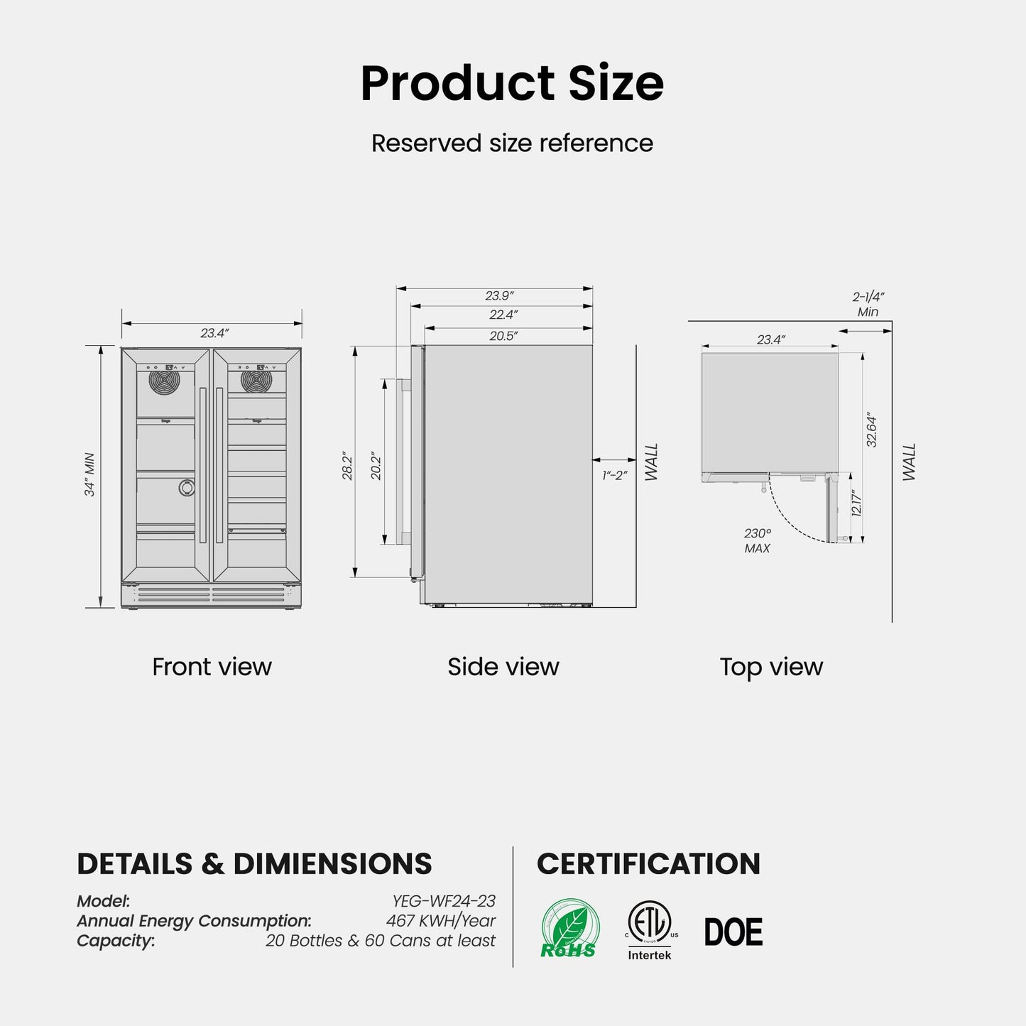 Yeego Commercial Refrigerators - 27.1 Cu.Ft 2 Glass Doors Commercial Beverage Refrigerator with LED Light & Adjustable Shelves, 32-50°F Commercial Cooler for Stores Bakery Bar Offices Restaurants
