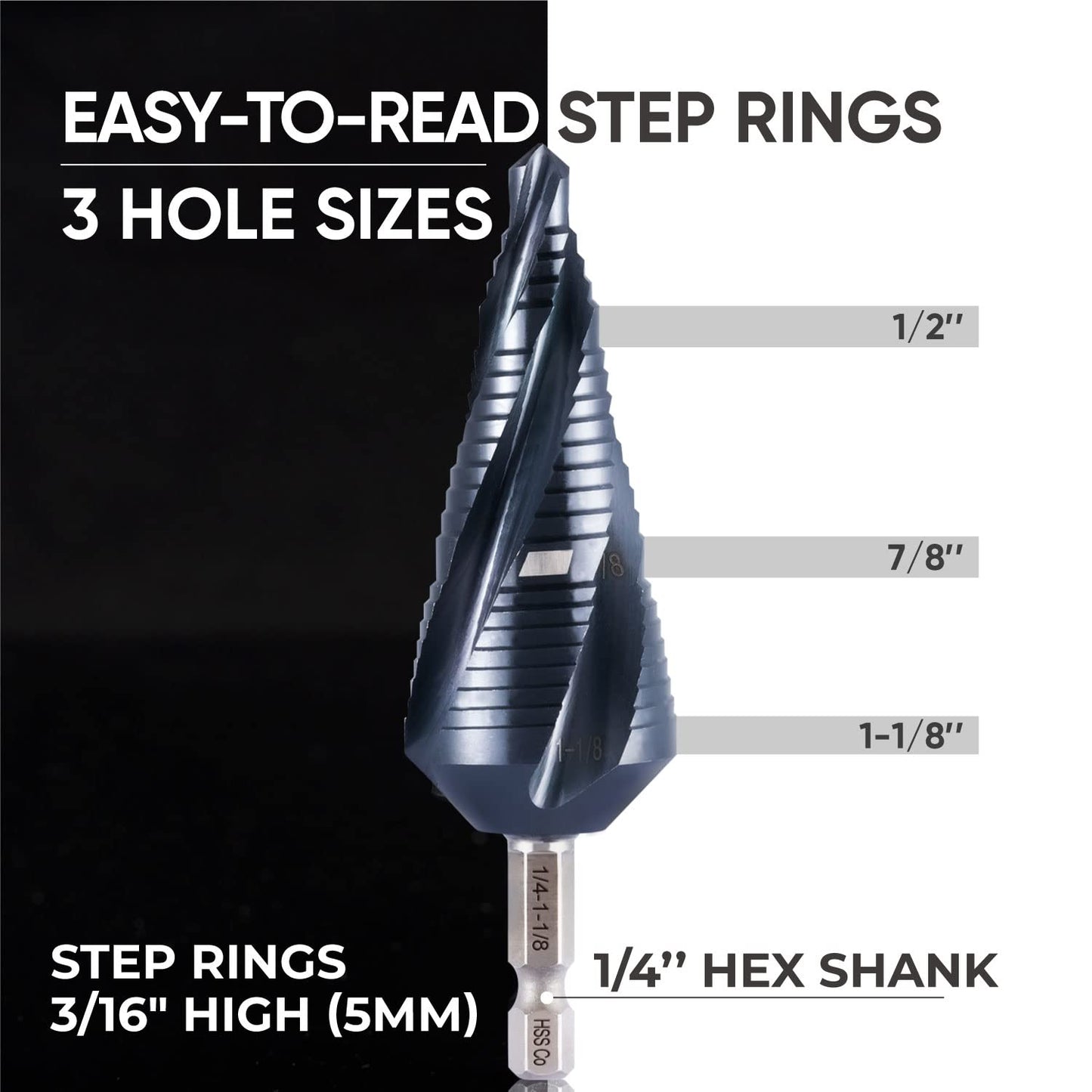 toolant Four Spiral Flute Cobalt Step Drill Bit(Pro), 1/4"-3/4" Impact Ready Unibit Step Drill Bit, 1/4" Hex Shank Step Bits for Metal, Stainless Steel, Aluminum, Plastic