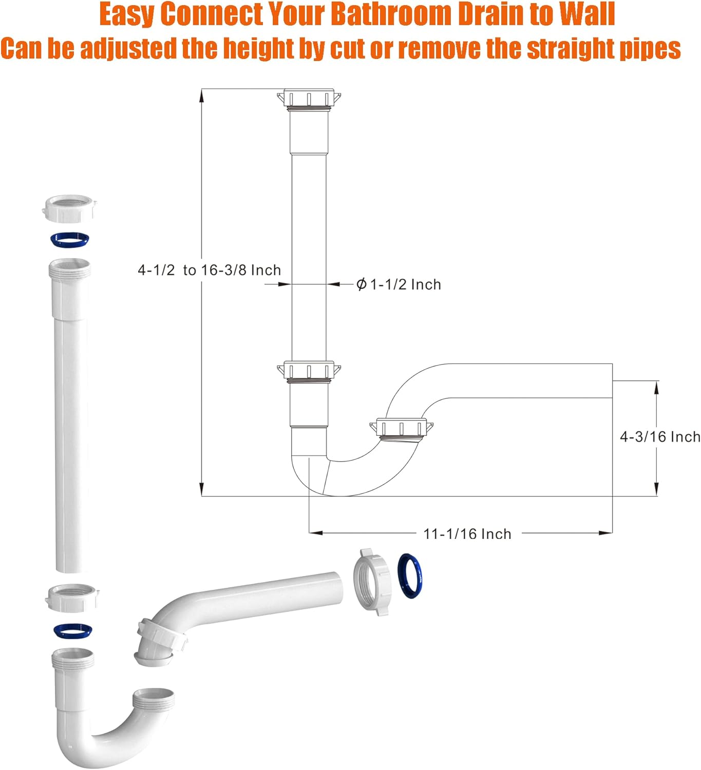 Bathroom Sink Drain Kit,for Most 1-1/4” Bathroom & Kitchen Sink Drain Repair,1-1/4” P Trap or S Trap Sink Plumbing Kit,Sink Pipe Replacement Parts