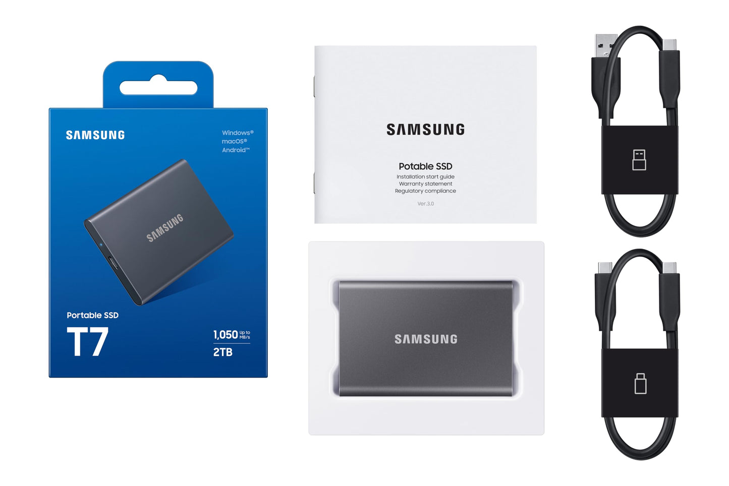 Samsung T7 Portable SSD, 2TB External Solid State Drive, Speeds Up to 1,050MB/s, USB 3.2 Gen 2, Reliable Storage for Gaming, Students, Professionals, MU-PC2T0T/AM, Gray