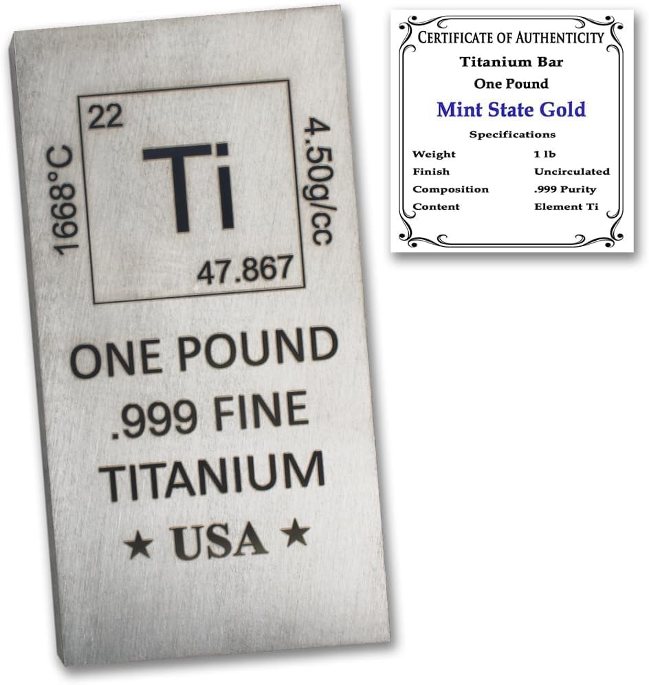 1 lb Titanium Bar Bullion Paperweight - .999 Fine Chemistry Design with Certificate of Authenticity (1 Pound) by Mint State Gold