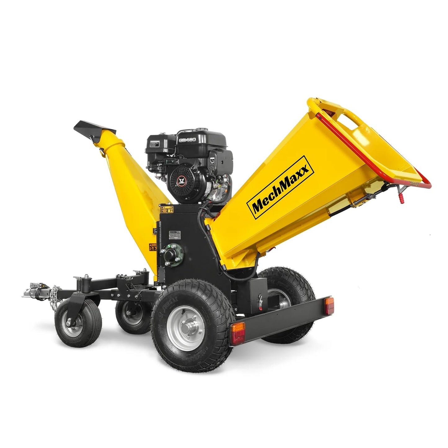 MechMaxx 6 inch ZONSEN 459cc 15hp E-Start Gas Powered 4-Wheels Wood Chipper Shredder Mulcher with Towbar/Tail Light/Emergency Stop Button/Stop Bar, Model B150 Red