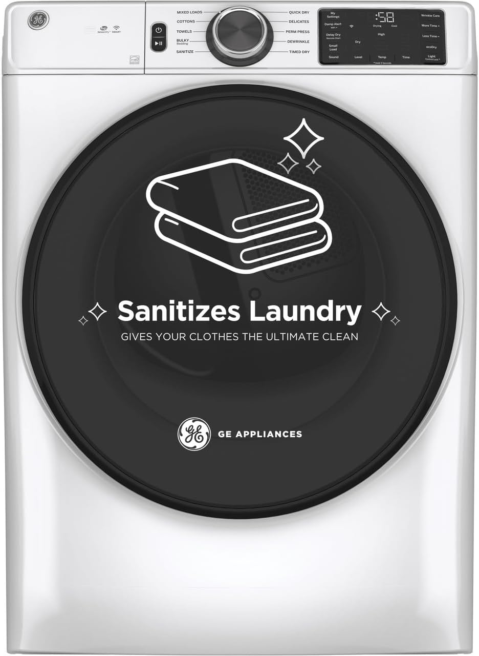 GE GFD55ESSNWW 28" Front Load Electric Dryer with 7.8 cu. ft. Capacity Built-in WiFi HE Sensor Dry and Sanitize Cycle in White
