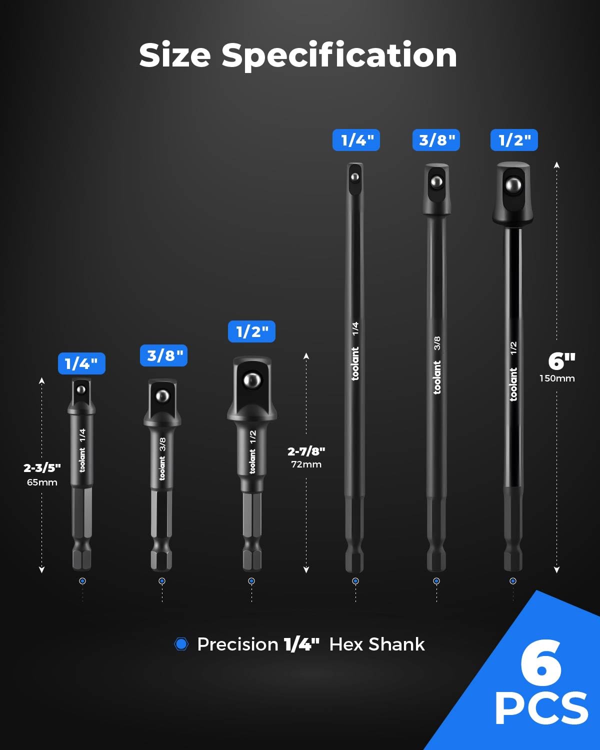 toolant Impact Socket Adapter Set, 3 pcs, 1/4", 3/8", 1/2" Drive, Hex Shank Drill Bit Adapter with Holder, Compatible with Power Drill & Impact Driver