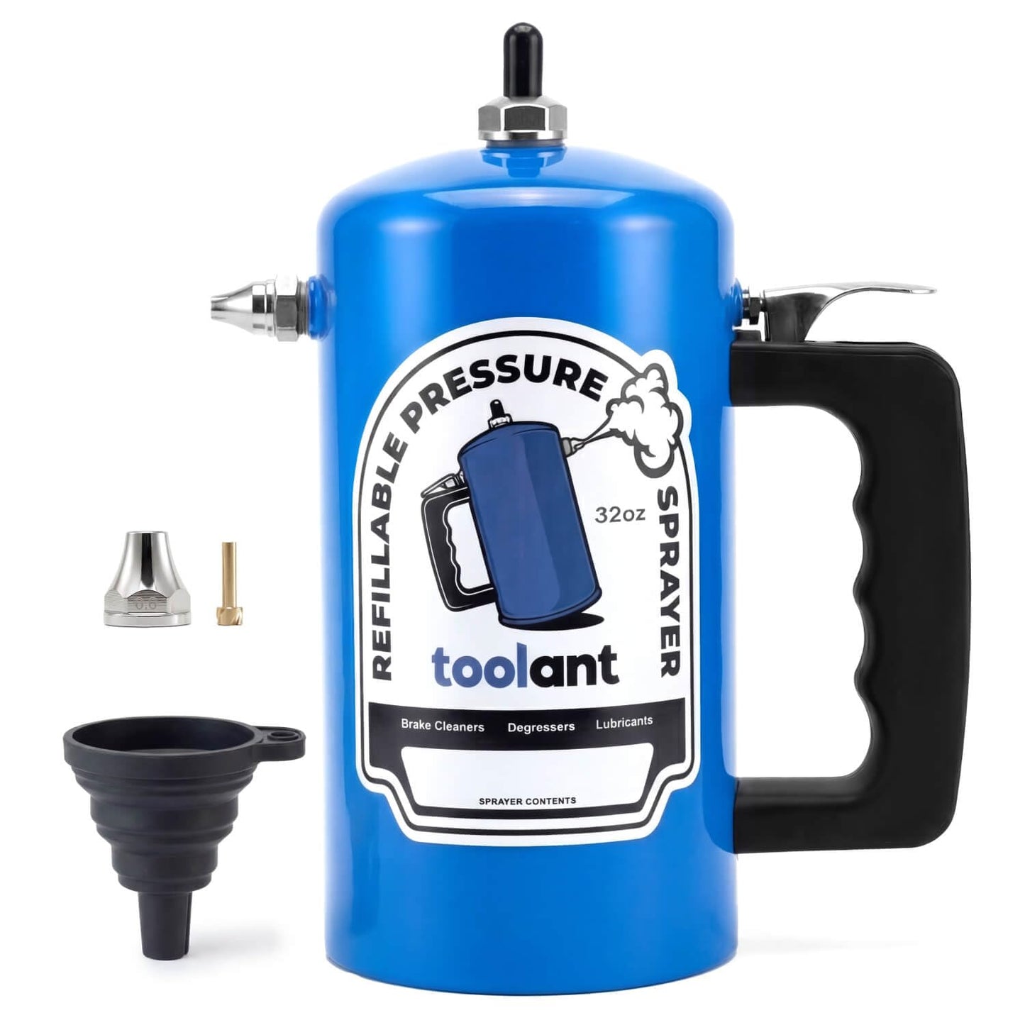 toolant 32oz Refillable Pressurized Sprayer, Steel Canister, Rust-Resistant Lining, Needle Valve Leak-Resistant, Dual Nozzles 1.0/0.6mm, Funnel Included, 200 PSI Max, for Brake Cleaner & Solvents, Red