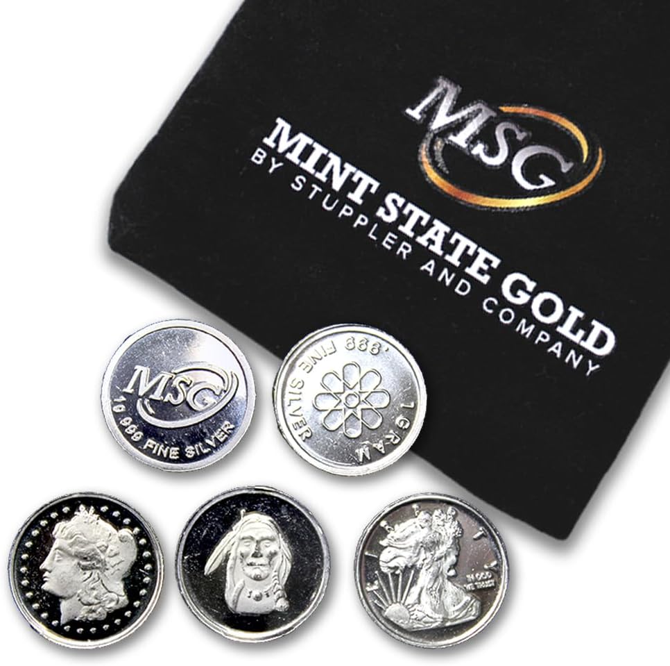 CoinFolio Five (5) One Gram .999 Fine Silver Rounds with Random Designs in a Jewelry Pouch by Mint State Gold