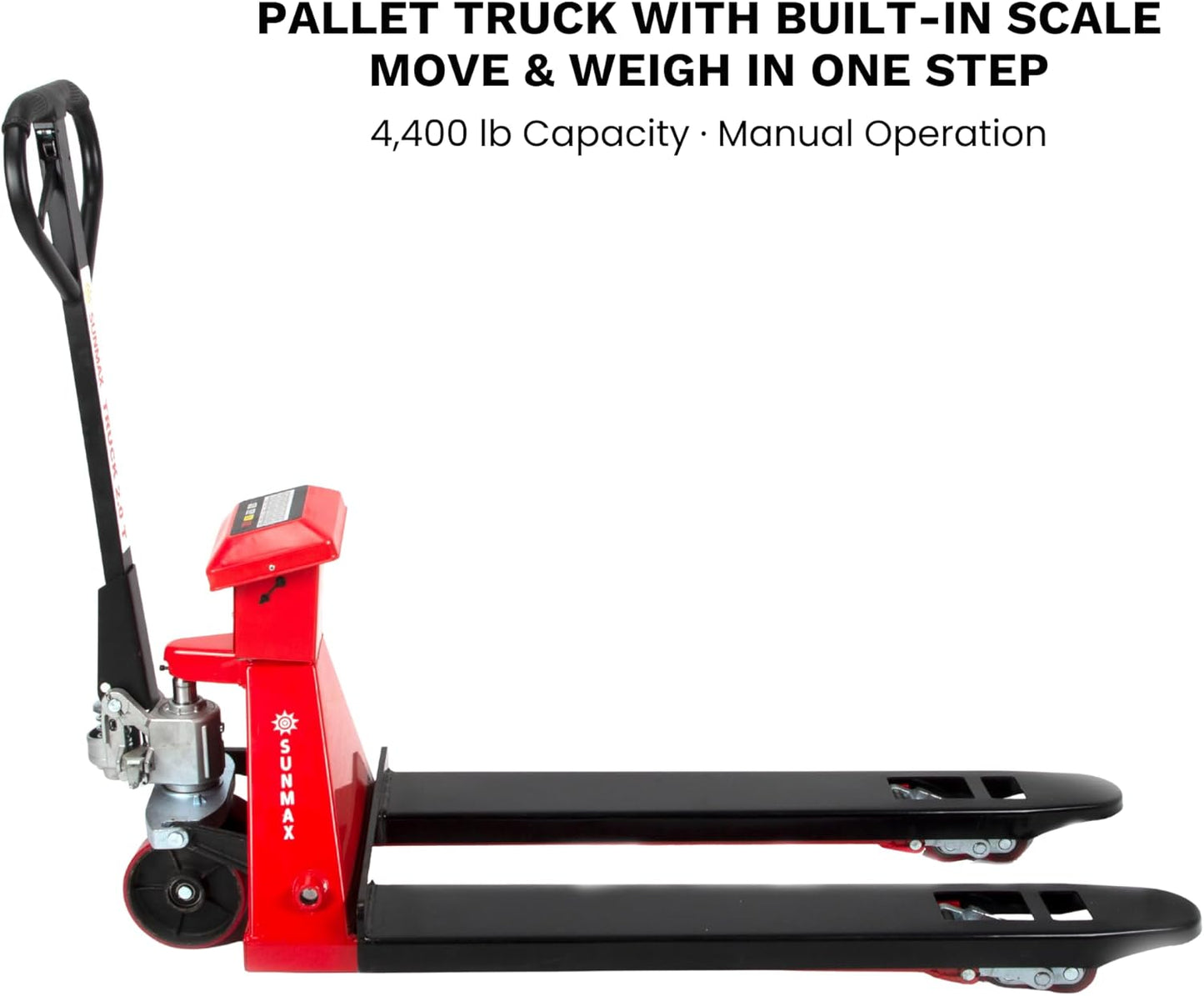 SUNMAX HD4400W Pallet Jack with Built-in Digital Scale, 4,400 lb Capacity, 27" W x 48" L Forks Manual Pallet Truck for Warehouse and Retail