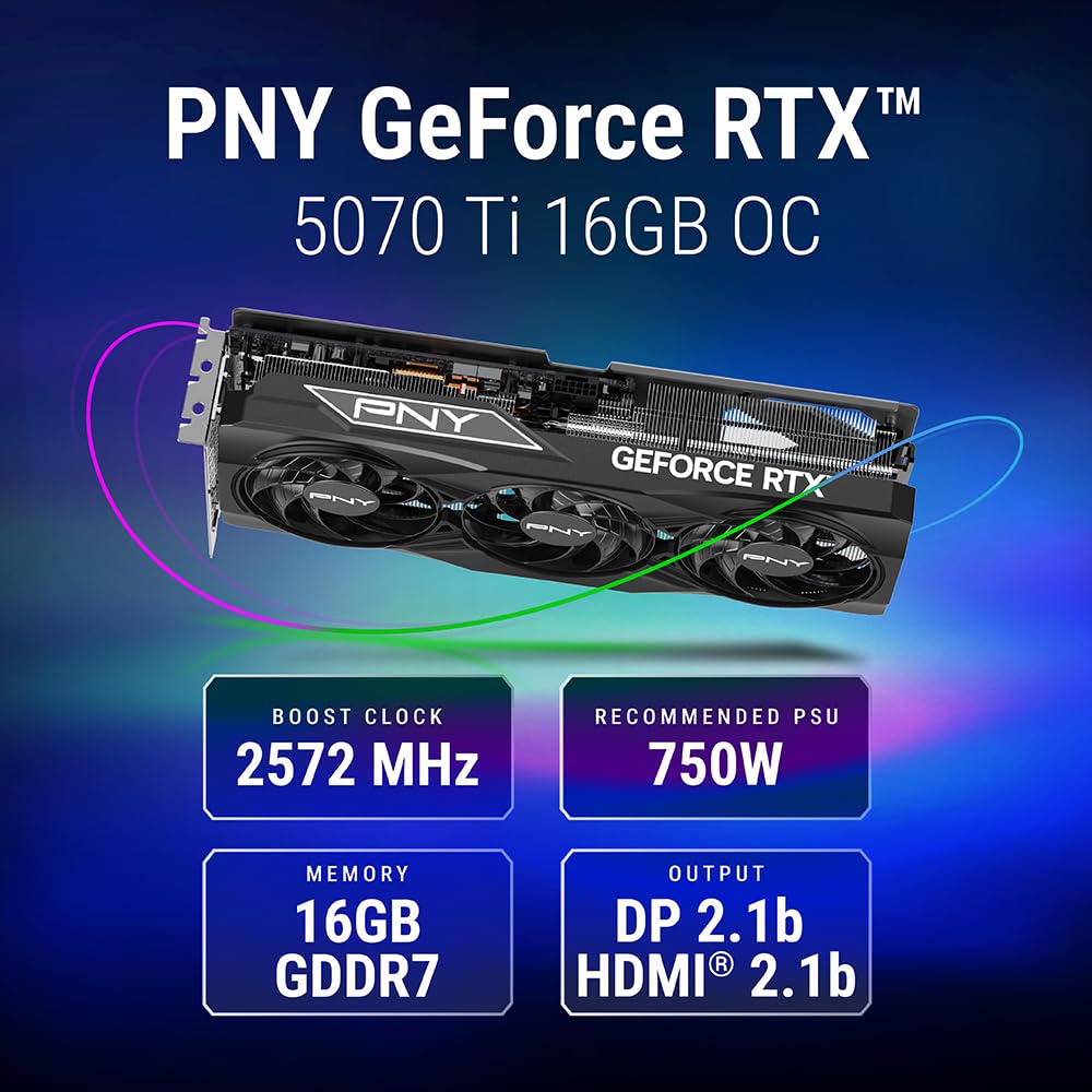 PNY NVIDIA GeForce RTX™ 5070 Ti OC Triple Fan, Graphics Card (16GB GDDR7, 256-bit, Boost Speed: 2572 MHz, PCIe® 5.0, HDMI®/DP 2.1, 2.98-Slot, Blackwell Architecture, DLSS 4)