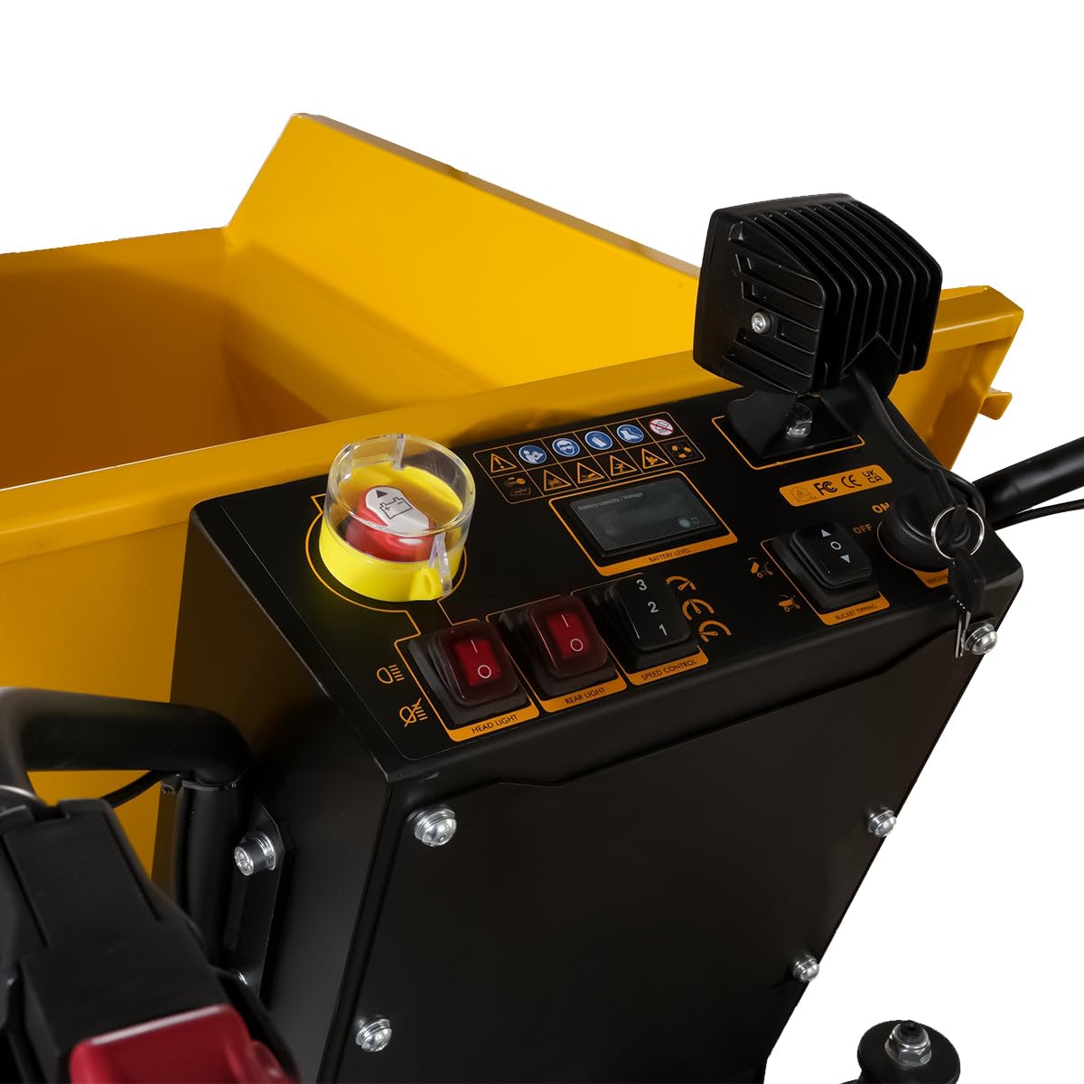 MechMaxx 1100Lb Loading 48V Battery Powered Wheel Barrow Electric Dumper Cart with 30W Light, Hydraulic Tipping, 1000W Brushless DC Motor, LED Display Screen, Model EH50 Yellow