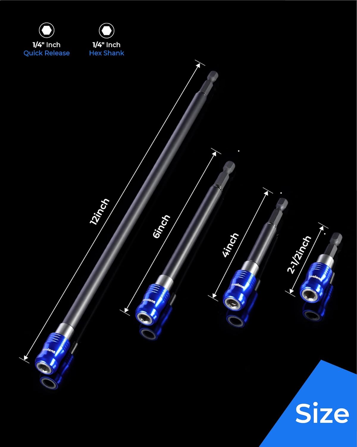 toolant Magnetic Drill Bit Extension Set, 4PCS (2.5", 4", 6", 12"), Quick-Insert, Anti-Wobble Sleeve, Strong Magnet, 1/4" Hex Bit Holder, Alloy & Stainless Steel for Impact Driver