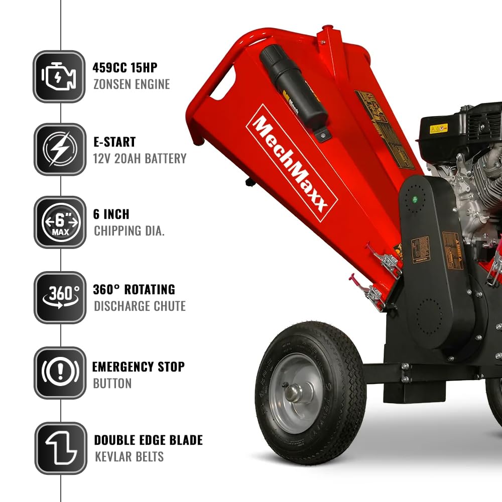 MechMaxx 6 inch ZONSEN 459cc 15hp E-Start Gas Powered 4-Wheels Wood Chipper Shredder Mulcher with Towbar/Tail Light/Emergency Stop Button/Stop Bar, Model B150 Red